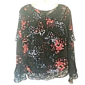 White House Black Market floral top sheer ruffles